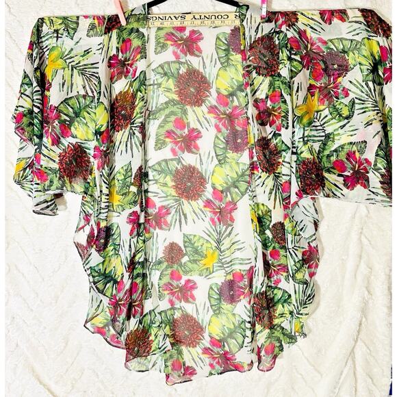 Steve Madden Floral Beachy Kimono Swim Layer One Sz Chiffon Sheer Open Oversized - Picture 5 of 9